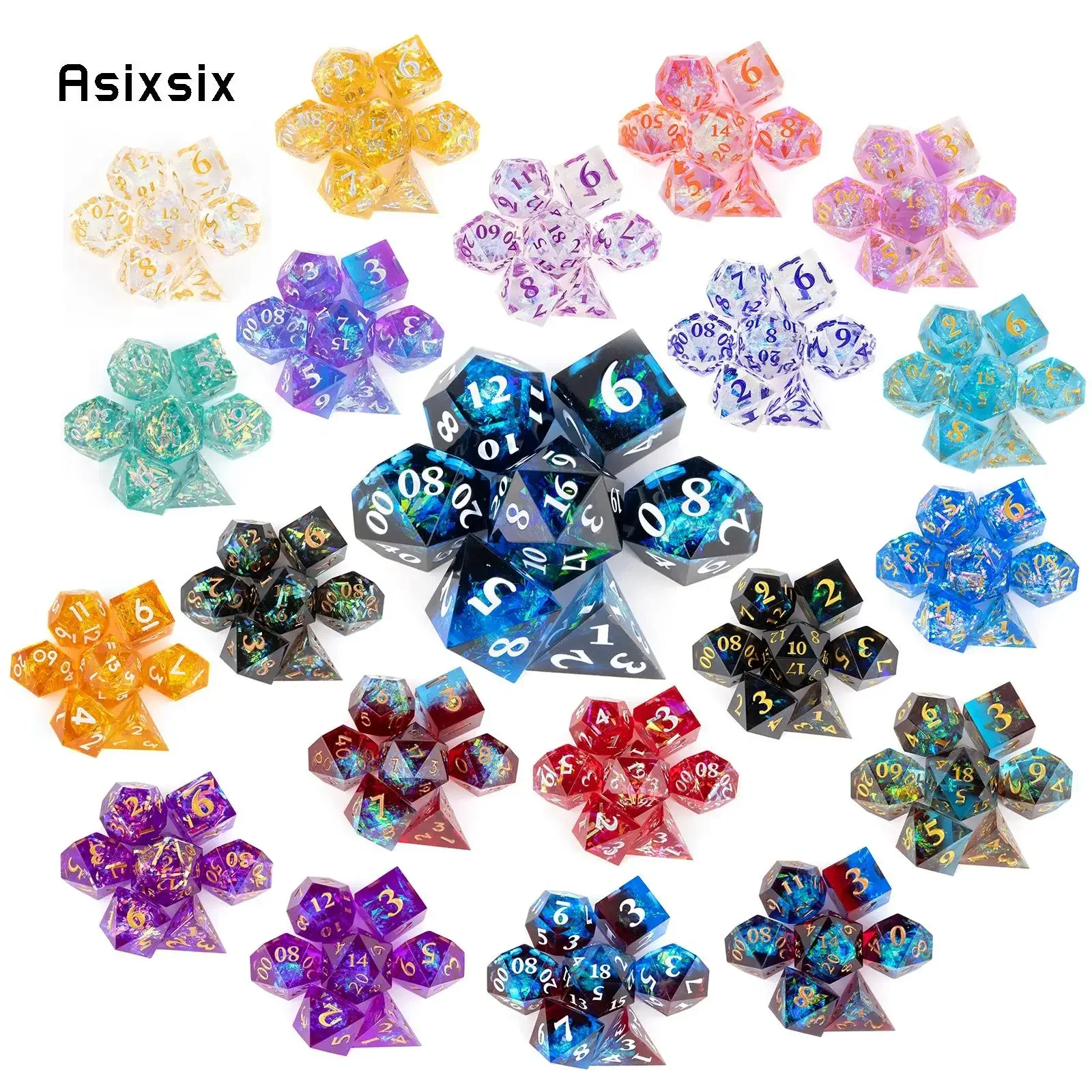 7 Pcs All Kinds Of Color Resin Number Sharp Edge Dice Polyhedral Prop Dice
