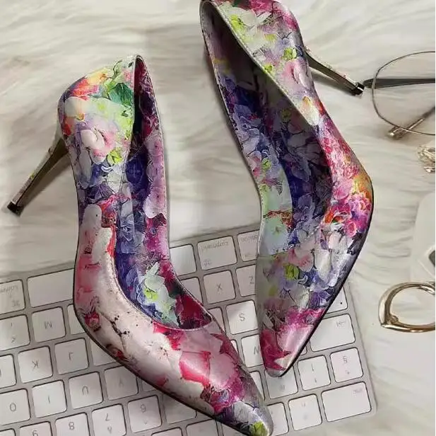 

Colorful Floral Printing Silk Sandals Slipper Crystal Strap Slingbacks Woman Multi Flower Pumps Party Shoes