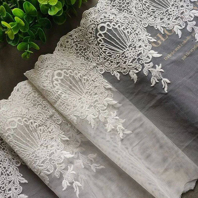 22CM Wide Luxury White Cotton Embroidered Fabric Fringe Lace Edge Trim Wedding Dress Collar Neckline Apparel DIY Sewing Decor