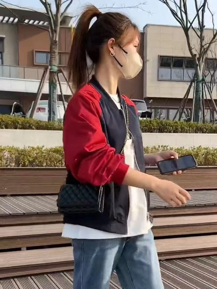 2026 Women Color Block Cropped Baseball Spring Autumn Casual Loose Short Bomber Coat For Petite