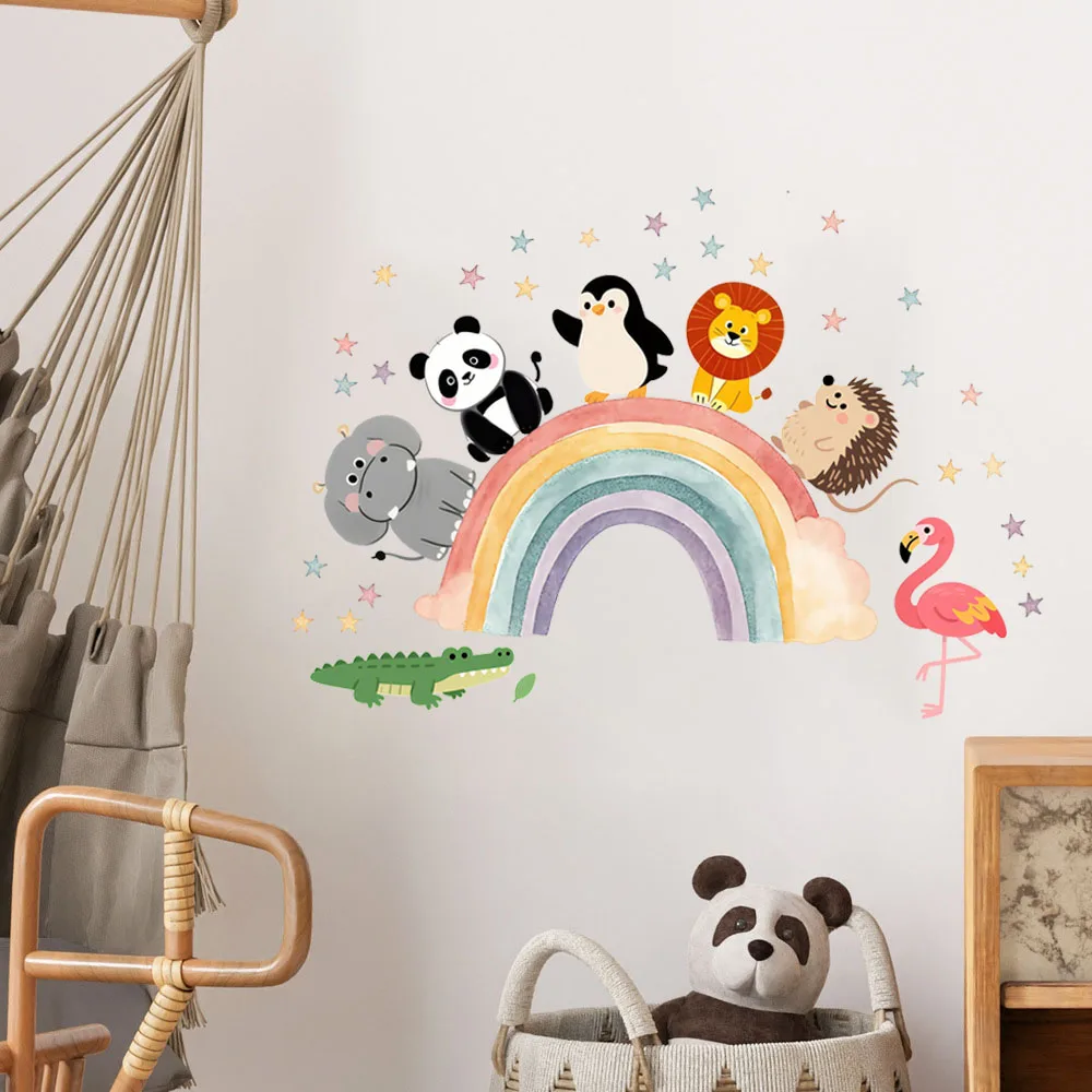 Creative Cartoon Seven Small Animals Watercolor Rainbow Star Stickers Fairy Tale Style PVC Beautification Room Wall Stickers