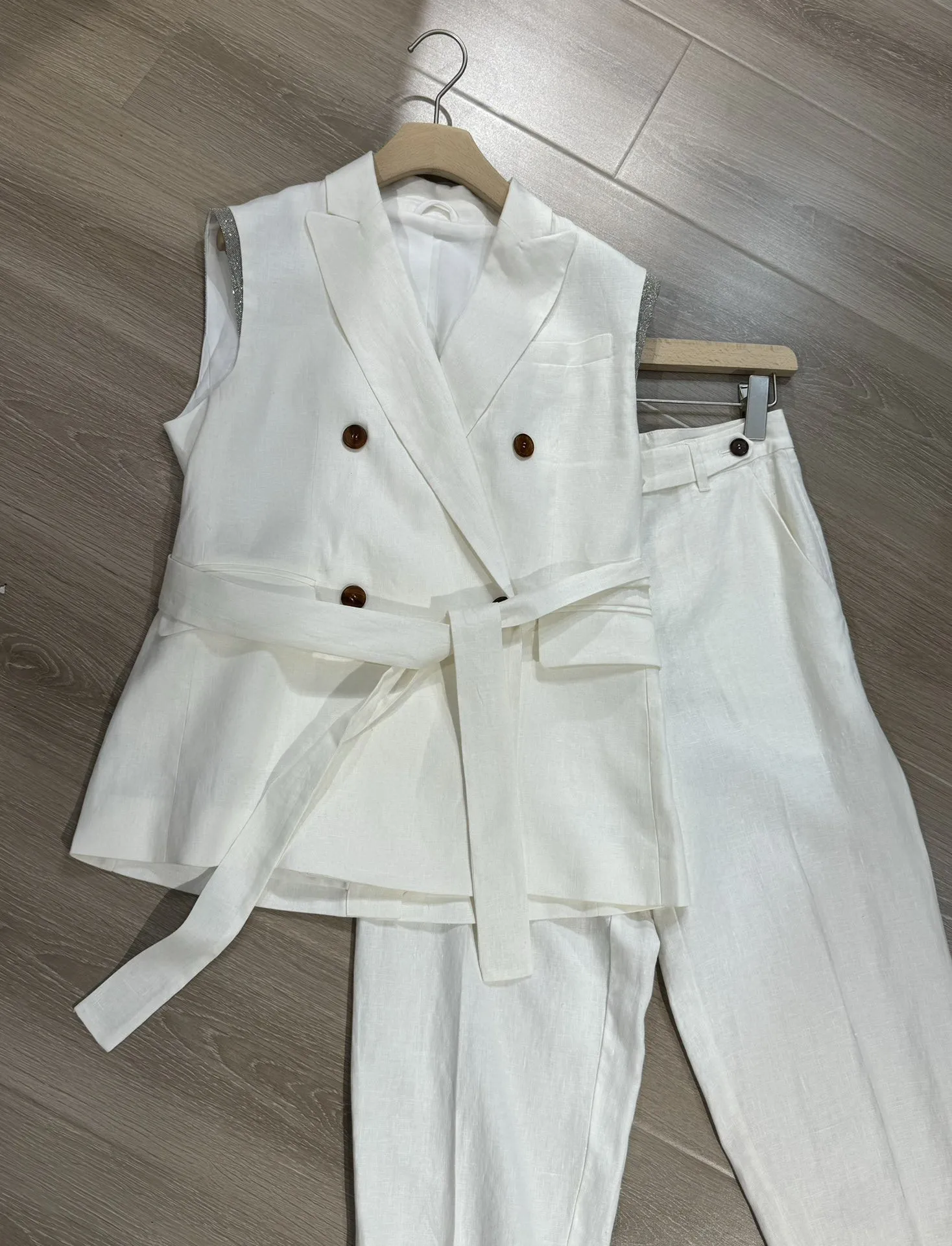 Spring Autumn B*C Women\'s Pant Suit Cotton Linen Vest + High Waist Straight Trousers 2 Piece Set