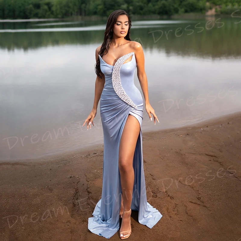 

Charming Blue Mermaid Elegant Women's Evening Dresses Sexy Strapless Sleeveless Prom Gowns Beaded Side Split Vestido De Noche