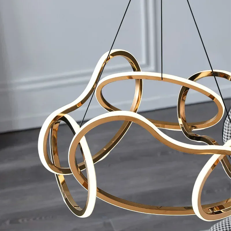 

Modern Stainless Steel Light Luxury Living Room Chandelier round Special-Shaped Pea Ring Lamp for Restaurant Designer Creative
