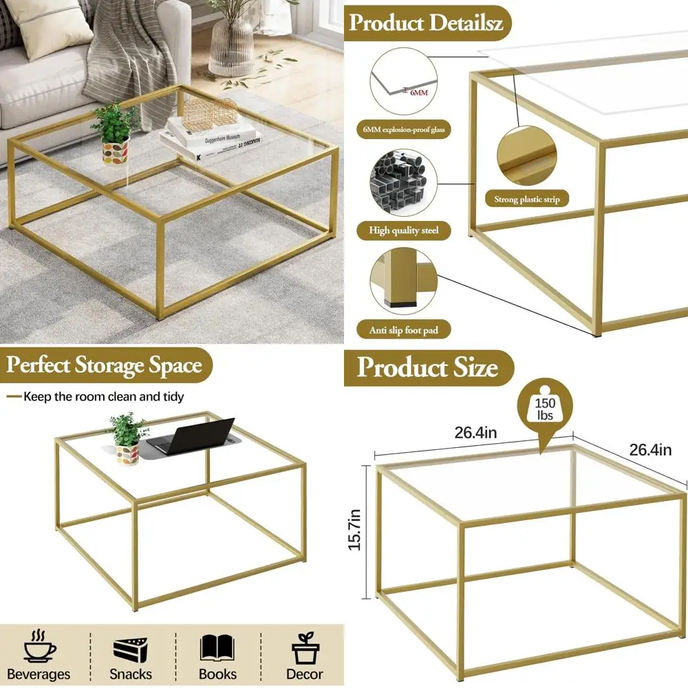 

Modern Gold Coffee Table for Small Living Rooms, Simple Square Center Table for Compact Spaces