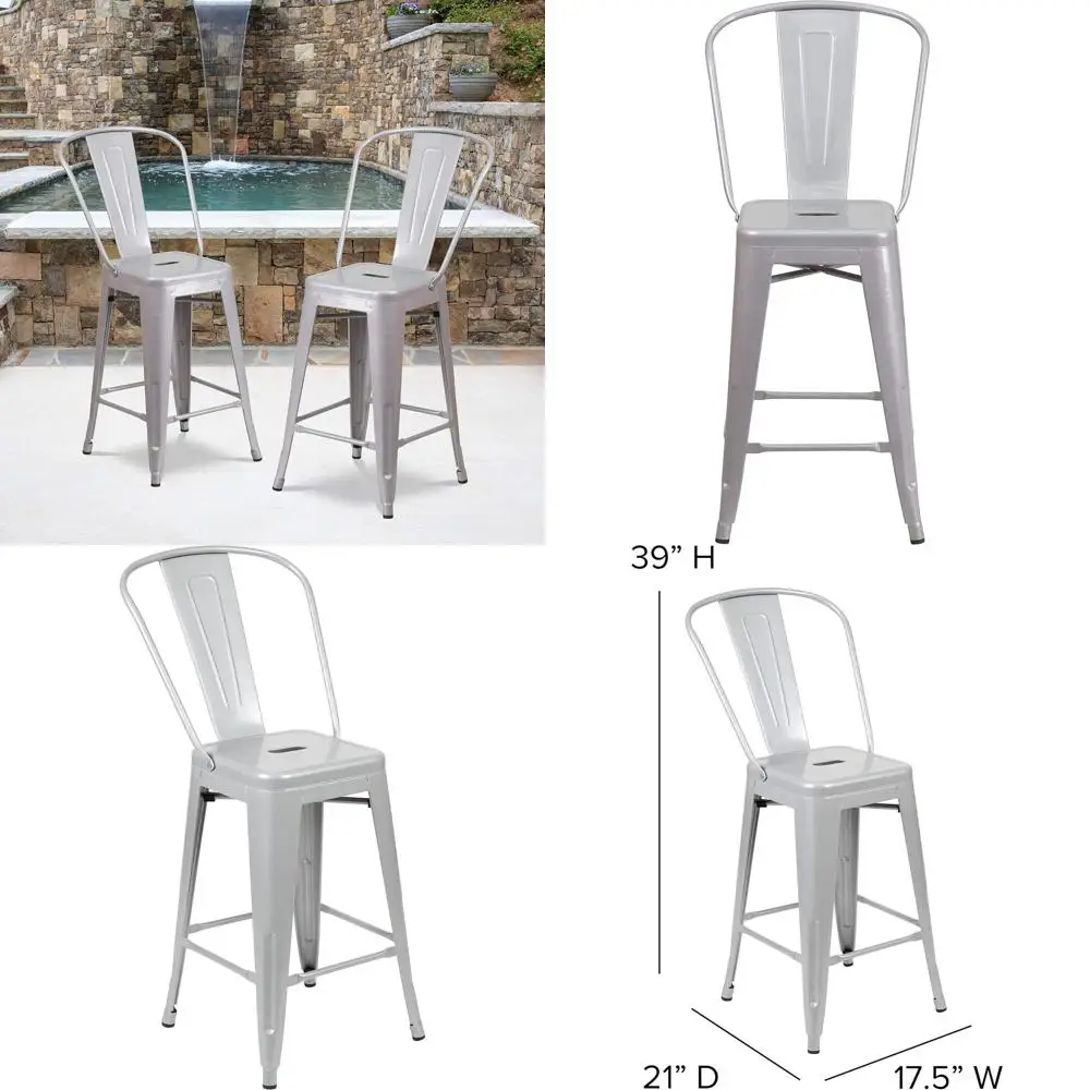 

24 Silver Metal Counter Height Stool with Removable Back, Suitable for Indoor and Outdoor Use