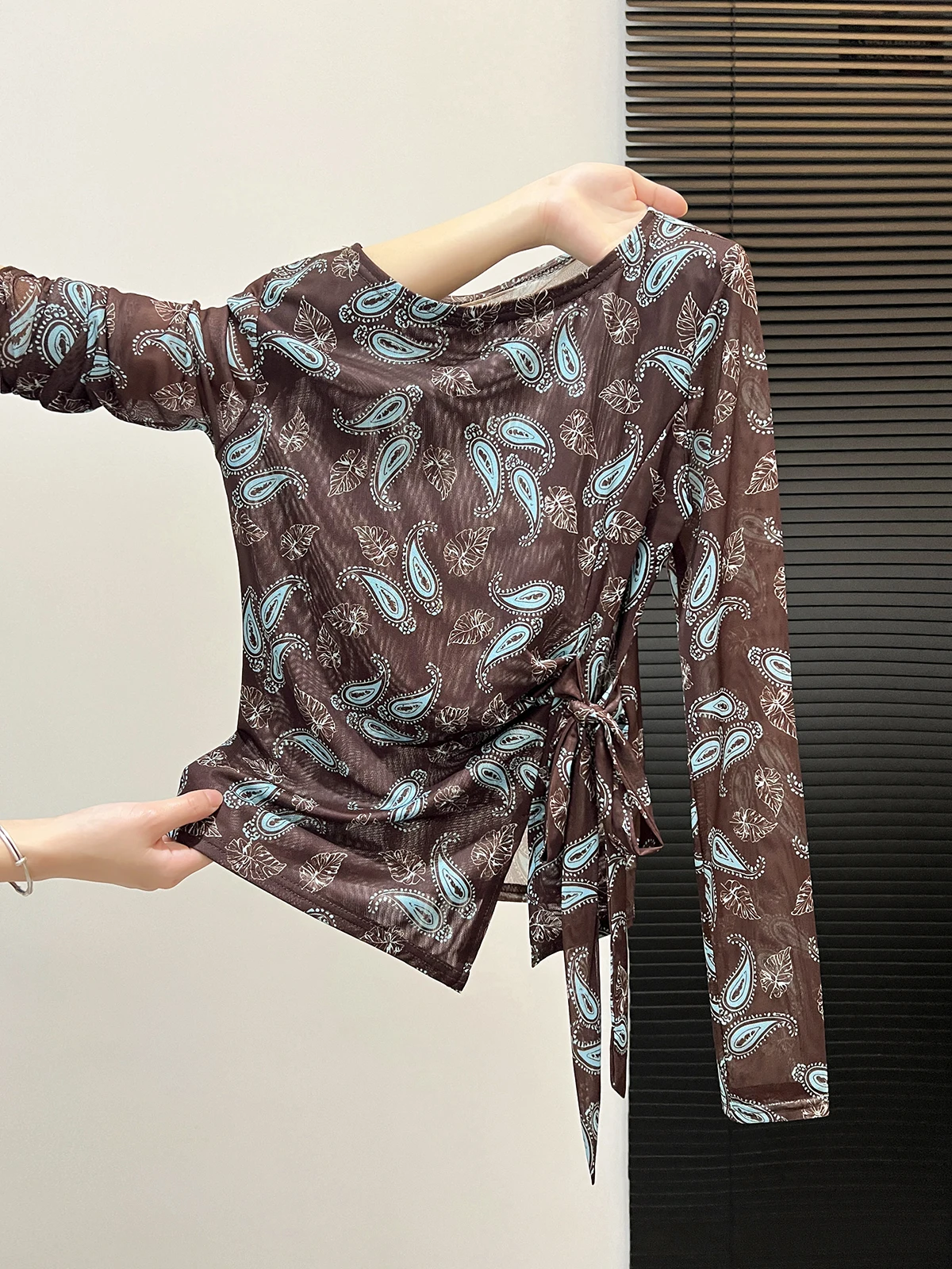 Retro Print Double Layer Mesh Long Sleeve T Shirt Women's Summer Belted Waist Sun Protection Base Shirt Fashionable Sleeveless