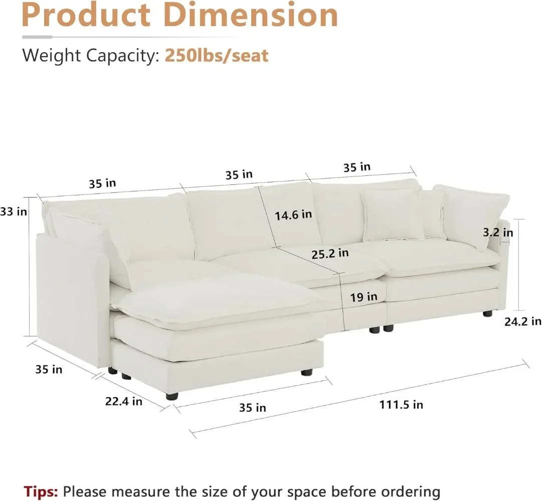 Modular Sectional Sofa, 111.5 Inch L Shaped Couch Set for Living Room, 3-Seater Comfy Cloud Couches with Movable Ottoman