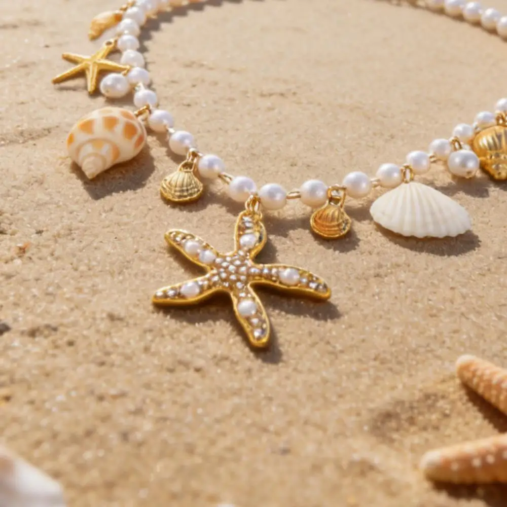 Vnox Boho Conch Starfish Shell Imitation Pearl Charms Necklace Metal Chain Choker Beach Vacation Party Jewelry Gift