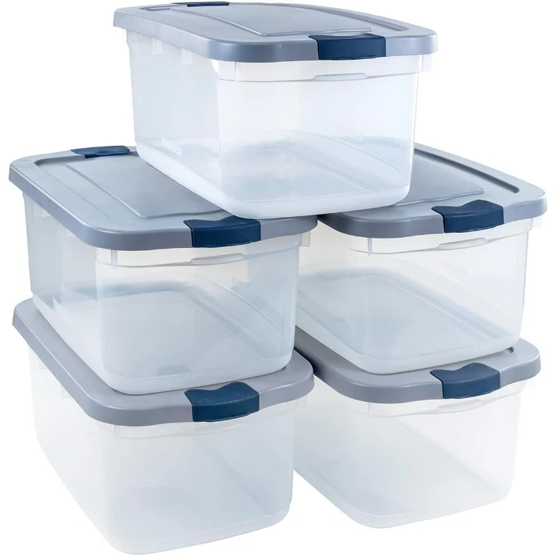 Roughneck Clear 50 Qt/12 Gal Storage Containers, Pack of 5 with Latching Grey Lids, Visible Base, Sturdy and Stackable