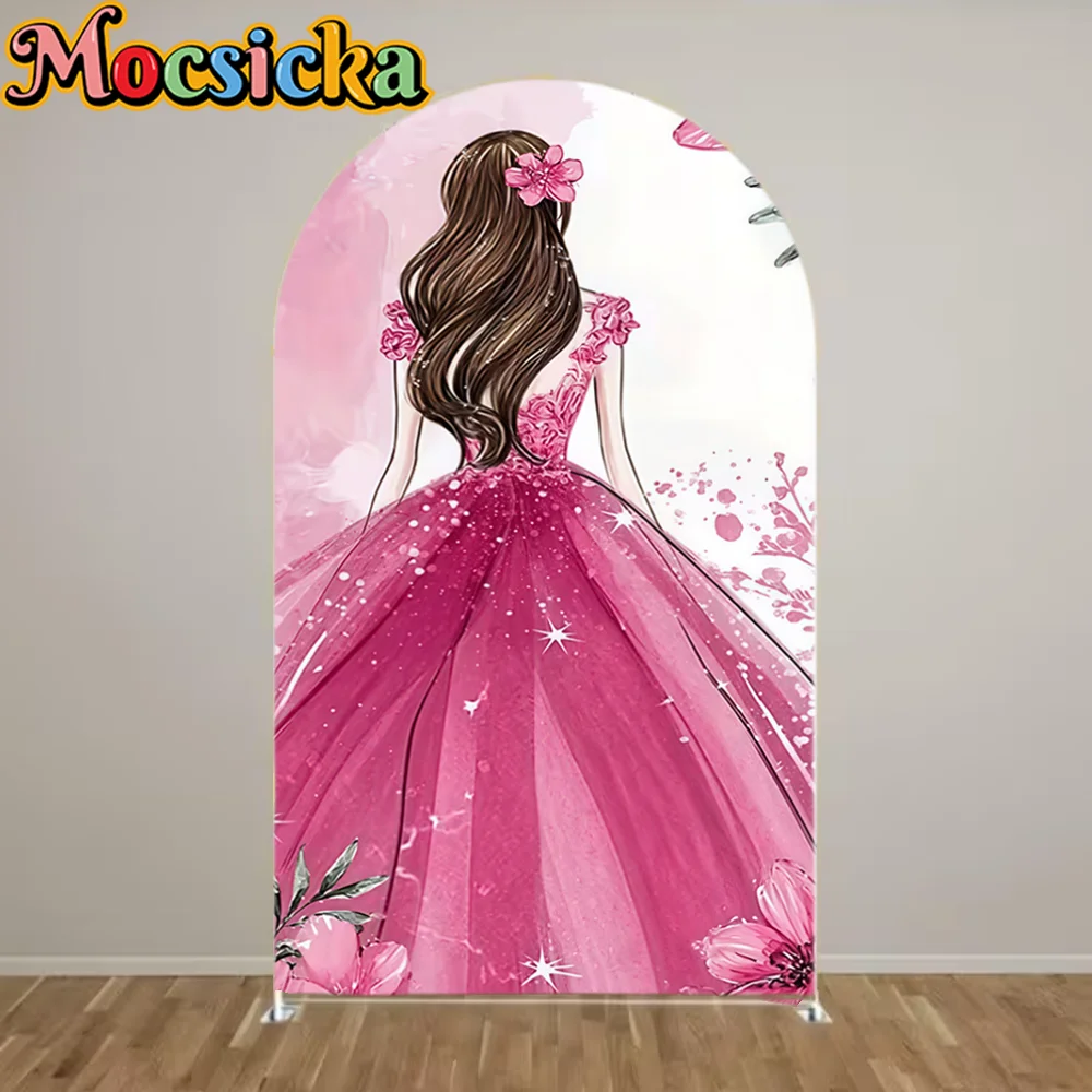 Custom 2-Sided Quinceanera Princess Dress Sweet Birthday Party Baby Shower Covers Arch Decor Backdrop Photo Elastic Fabric