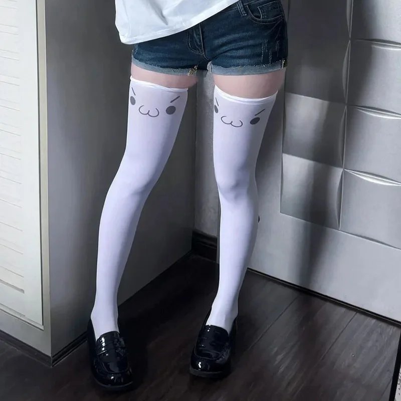 Kawaii Cat Paw Thigh Socks White Print Long Socks JK Harajuku Expression Over Knee Thigh High Stockings Japanese Cosplay Socks