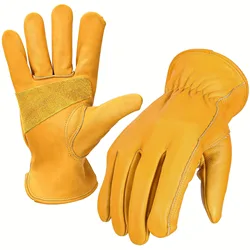 1 Pair Of Flex Grip Leather Work Gloves, Stretchable Wrist Tough Cowhide Working Gloves (Yellow)