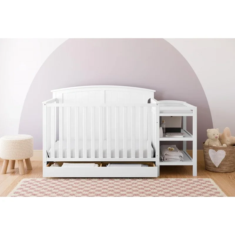 Steveston 5-in-1 Convertible Crib and Changer with Drawer (White) – GREENGUARD Gold Certified, Crib and Changing Table Combo wi