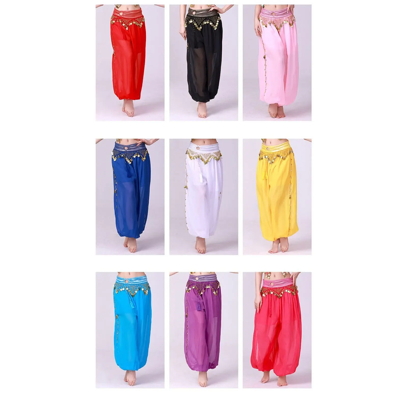 Chiffon Belly Dance Harem Pants Women Tribal Arabic Halloween Dance Performance Trousers Gold Trim Tassels Bellydance Costume