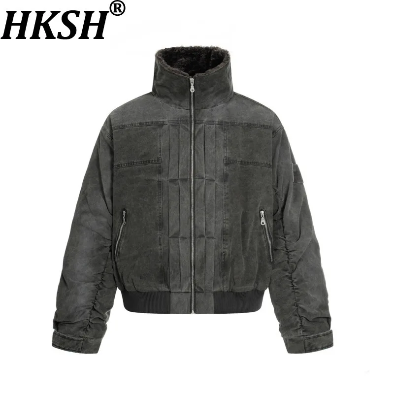 HKSH Spring Autumn Winter Men Tide Punk Padded Cotton Coat Washed Vintage Heavy Wrinkled Design Fleece Lamb Wool Jackets HK15726