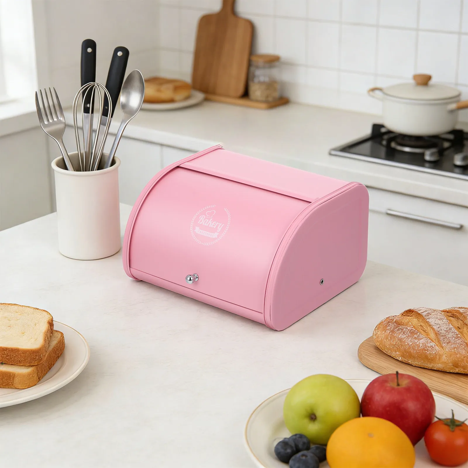 

Modern Iron Storage Box Strong Pressure Resistant Material for Bread and Pastries Kitchen Pink Rolling Lid
