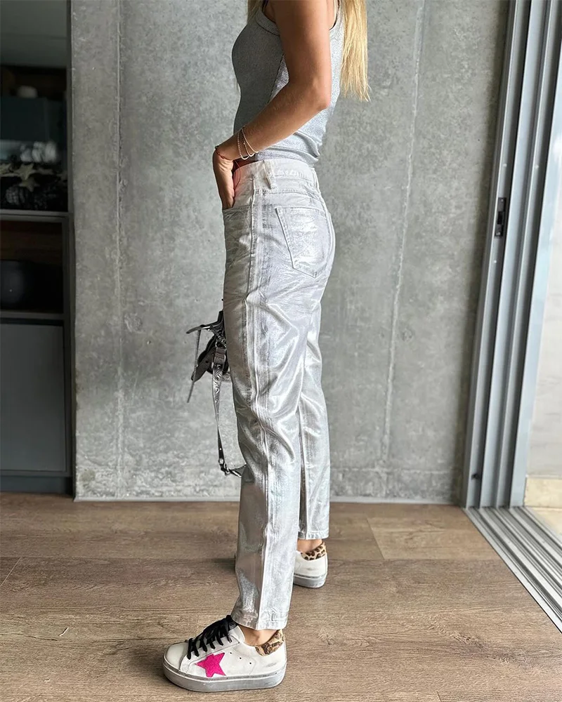 New Fashion Women Jeans Silver Gold Women Metallic Denim Pencil Pants Vintage Chic Solid Straight Trousers Casual Streetwear