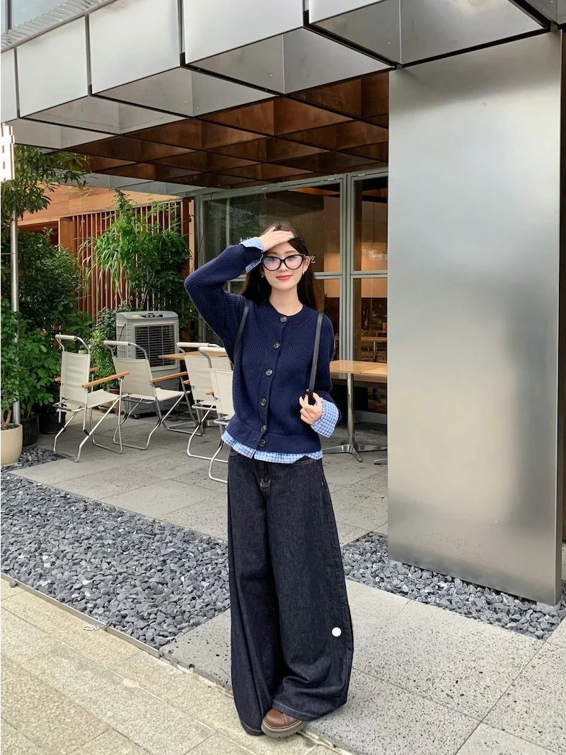 

Korean Sle Winter irt Jaet Splice Knitted Cardigan Women's Sweater Coat ort Blue Color Top Fake Two-Piece Outerwear