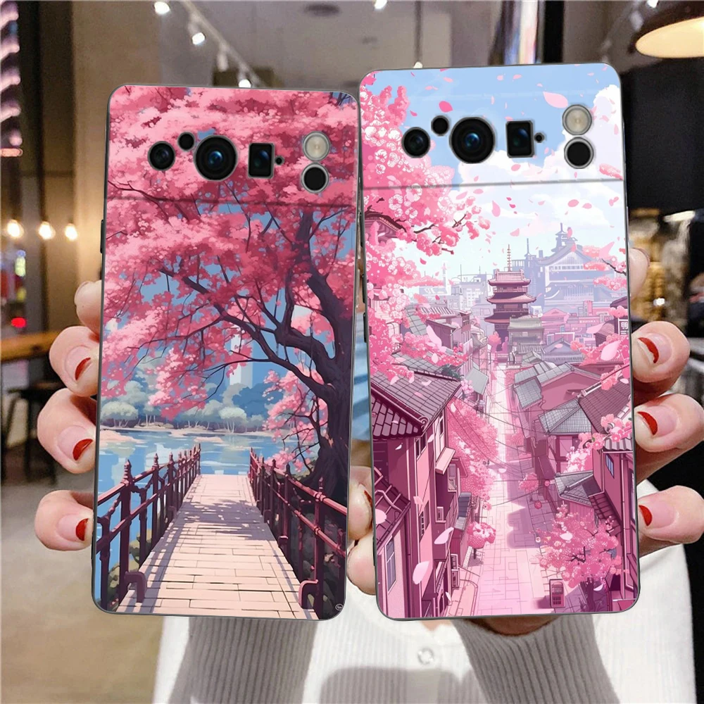 Pink Spring Cherry Blossoms Phone Case Cover for Google Pixel 8 7 6 7A 6A Pro 5G Shockproof Silicon Soft 9 Pro XL 8 Pro 5G Shell