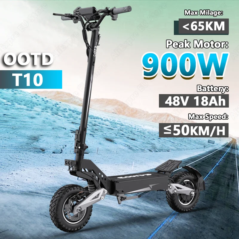 

OOTD T10 900W Peak Motor E-Scooter 48V18Ah Battery Front and Rear Disc Brakes Electric Scooter 11-inch tires Scooters Electric