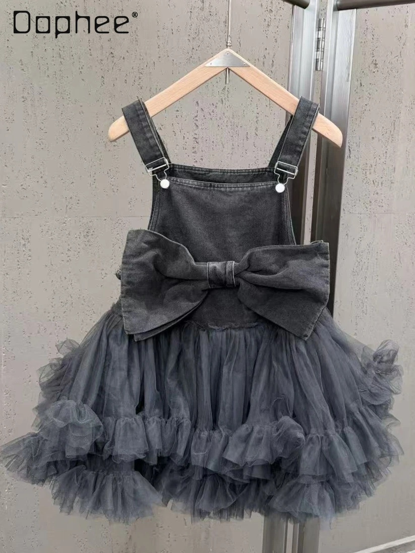 

2026 Spring Summer New Fashion 3d Bow Denim Strap Dress Korean Style Trendy High-waisted Slimming Hot Girl Y2K Mini Dress Women