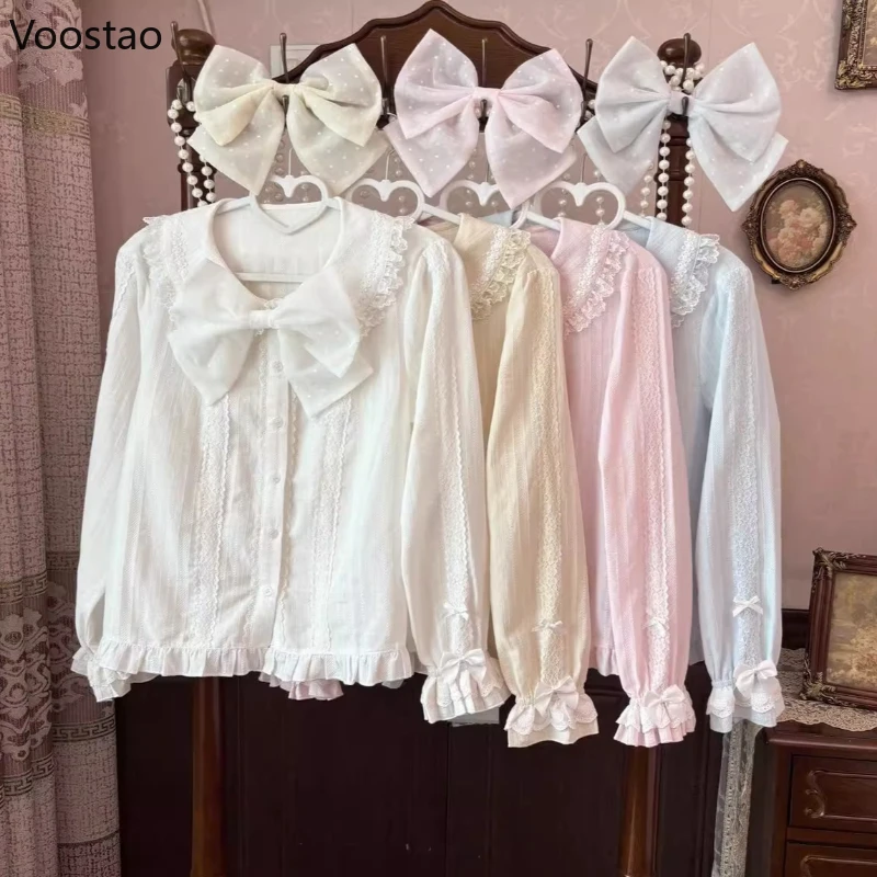 

Japanese Kawaii Lolita Style Shirts Women Sweet Ruffles Bow Peter Pan Collar Long Sleeve Blouses Casual Girls Cute Blusas Tops