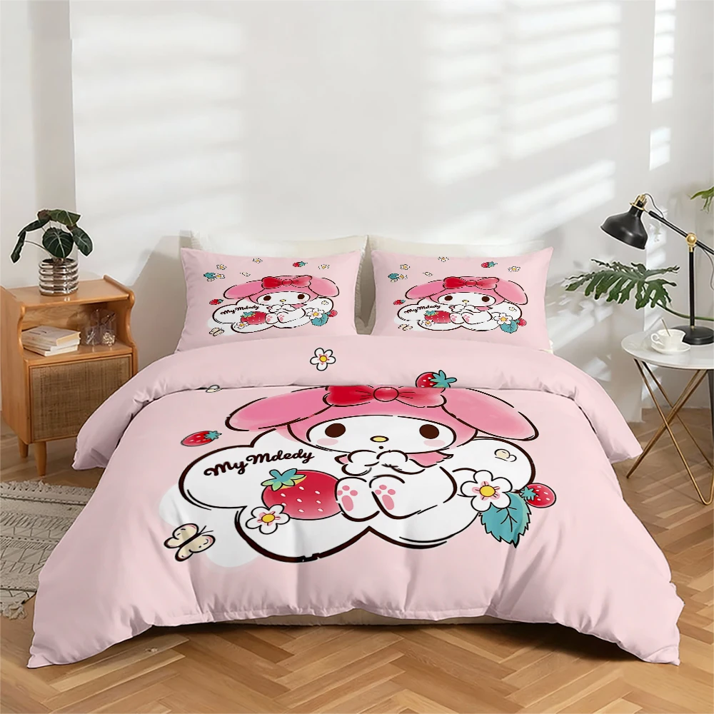 

3-Piece High-Definition Digital Printed Bedding Set with My Melody Pattern, Cute Large Floral Design Duvet Cover Set, Includes 1 Duvet Cover + 2 Pillowcases, Suitable for Bedroom, Guest Room, Home Decoration, Polyester Fiber Duvet Cover + Pillowcases, Ult