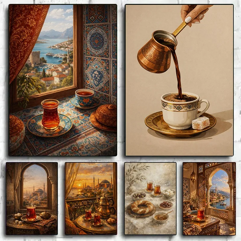 Vintage Oriental Tea Turkish Food Middle Eastern Turkey Architecture Illustration Canvas Poster Wall Art Pictures Home Decor