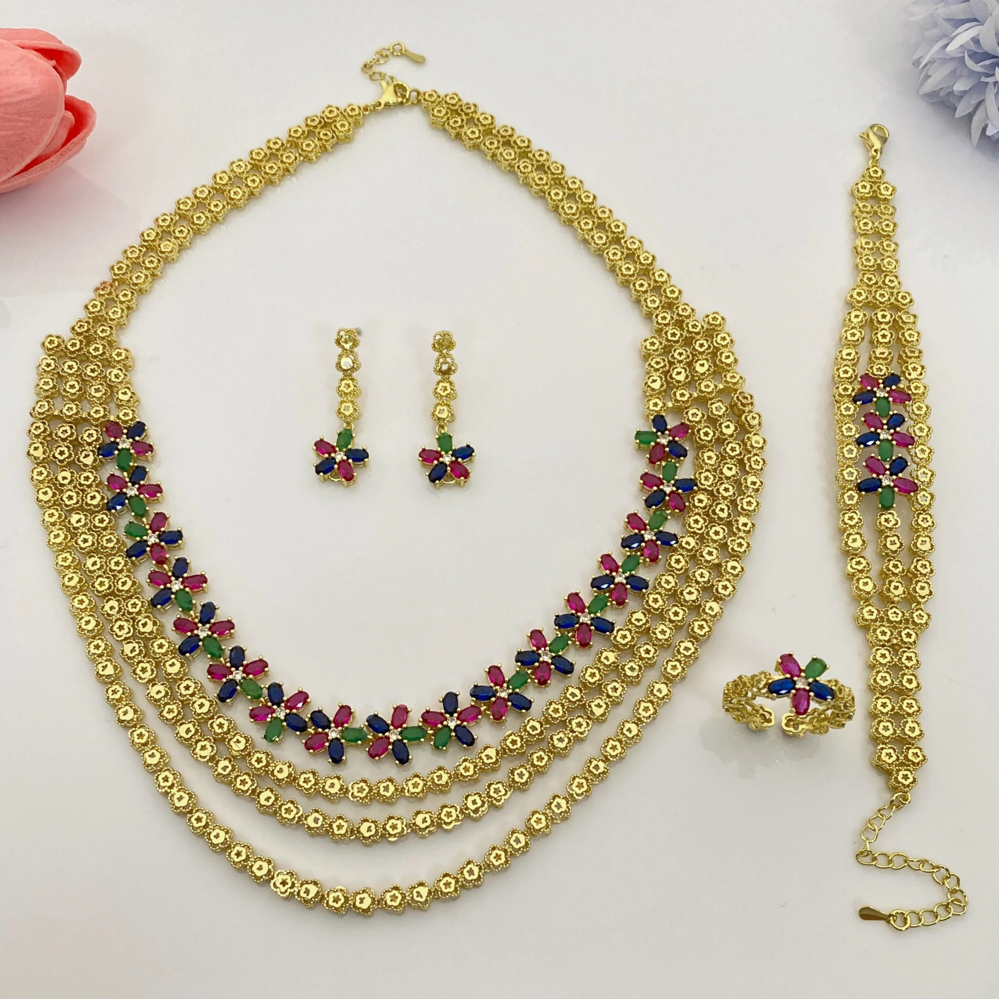 

JRH цветной циркон, комплект ювелирных изделий из 4 предметов, ожерелье, серьги, кольцо, браслет, золотой гальванический подарок на годовщину