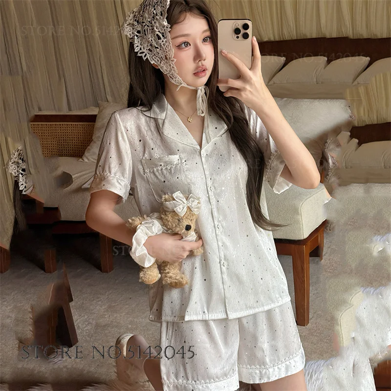 New Female 2PCS Pajamas Set Summer New Sweet Sleepwear Pijamas Suit Sweet Lace Star Sequin Nightwear Homewear Loose Loungewear