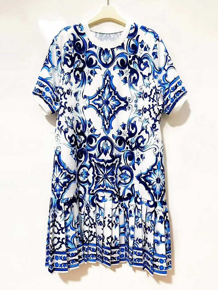 Designer retro geometric print round neck dress summer women's T-shirt skirt fashion loose plus size pleated fluffy skirt