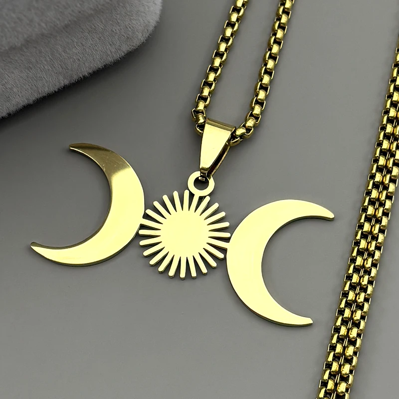 اليونانية الثلاثي القمر آلهة السحر قلادة قلادة للنساء الرجال الفولاذ المقاوم للصدأ الذهب اللون ويكا سلسلة مجوهرات طوق هدية