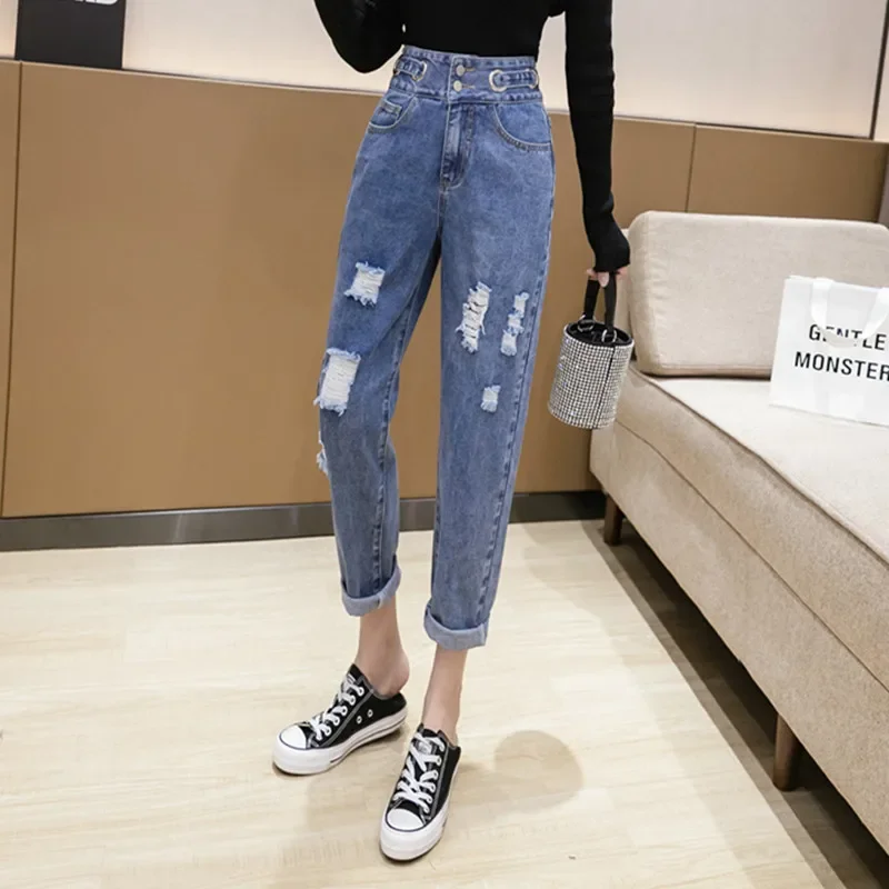 Fashion Vintage Hole Style Jeans Y2k Women Street Indie Loose Straight Pants High Waist 2024 New Spring Autumn Ankle-Length Pant