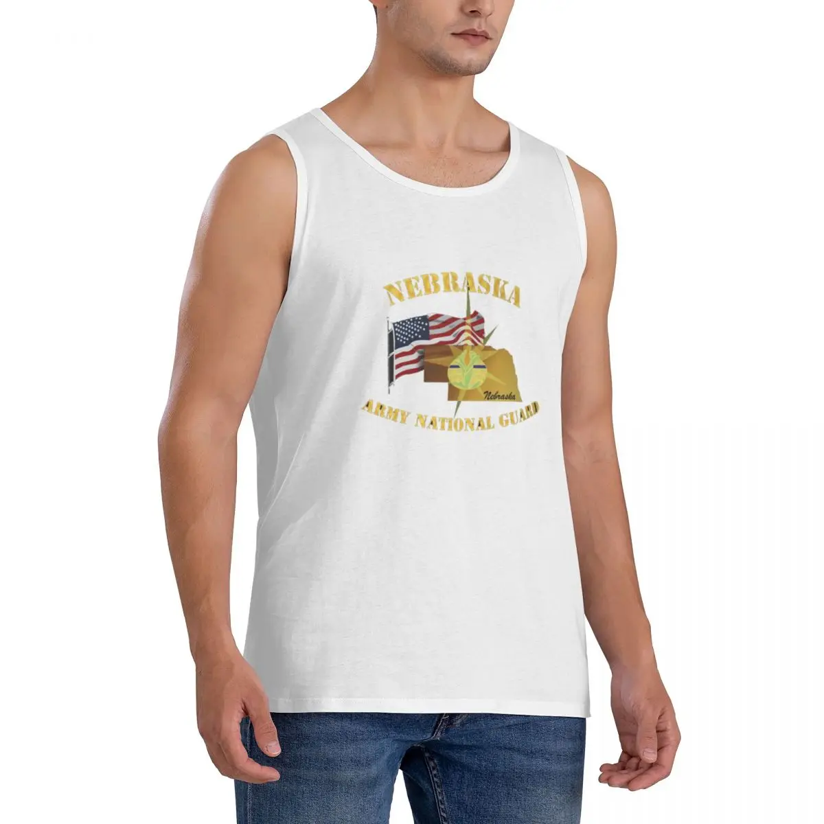 100% Cotton Nebraska Army National Guard Arny W Flag Sleeveless T-Shirt Men Workout Sports Clothing Tops Men's Crew Neck Vest