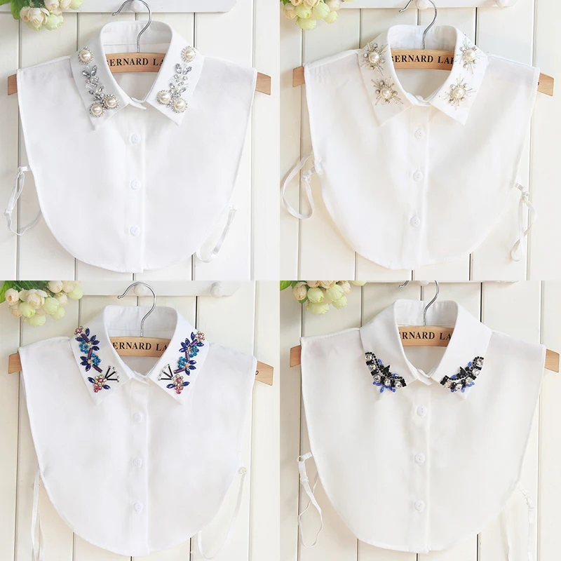 Fashion Chiffon Shirt False Collar for Women Fake Collar Lapel Blouse Women Beads Detachable Collar Lapel Button Decoration