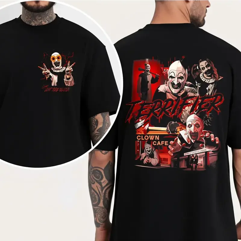 Mens Cotton Terrifier Art The Clown Double Sided Graphic Horror Slasher Movie Halloween Character Casual T Shirt Top