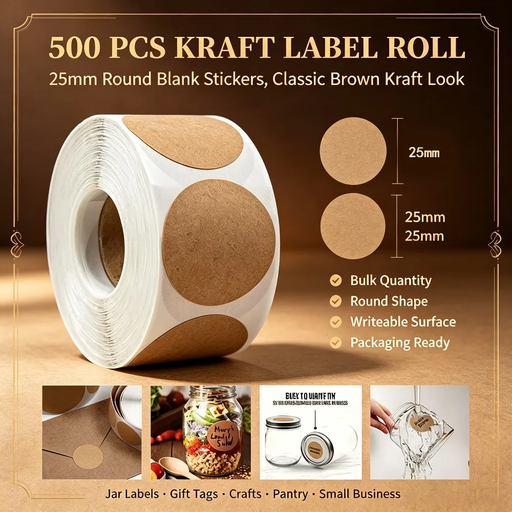 Label Sticker Paper Round 500Pcs 25mm Round Kraft Paper Stickers, Blank Brown Label Tags, Self ...