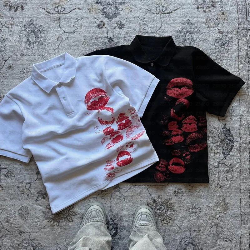 

Women's Casual Streetwear Top Korean Style Lip Print Polo Collar Short Sleeve Oversized Straight Fit Shirt
