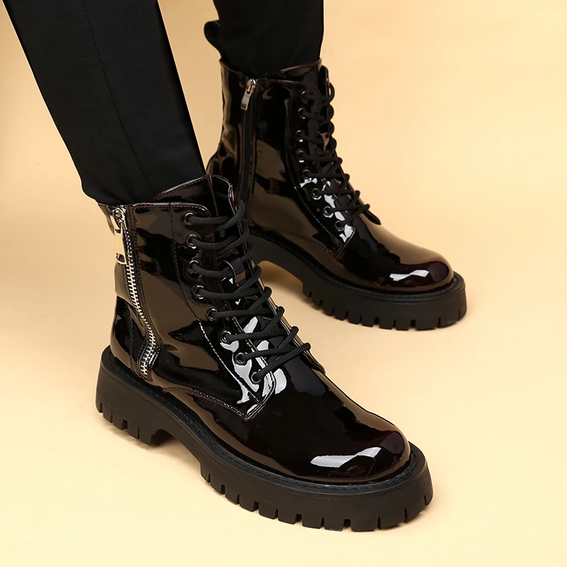 

Мужские модные лакированные ботинки для сцены в ночном клубе, туфли на платформе со шнуровкой, ковбойские весенне-осенние ботинки, крутые высокие мотоциклетные ботинки для мужчин