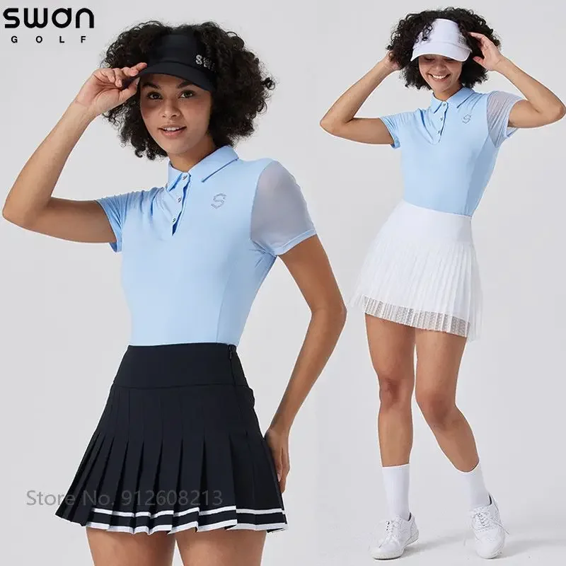 

SG Korean Women Spliced Short Sleeve Tops Summer Slim Breathable Golf T-shirt Ladies Lace Tutu Skirts Golf Pleated Skort Sets