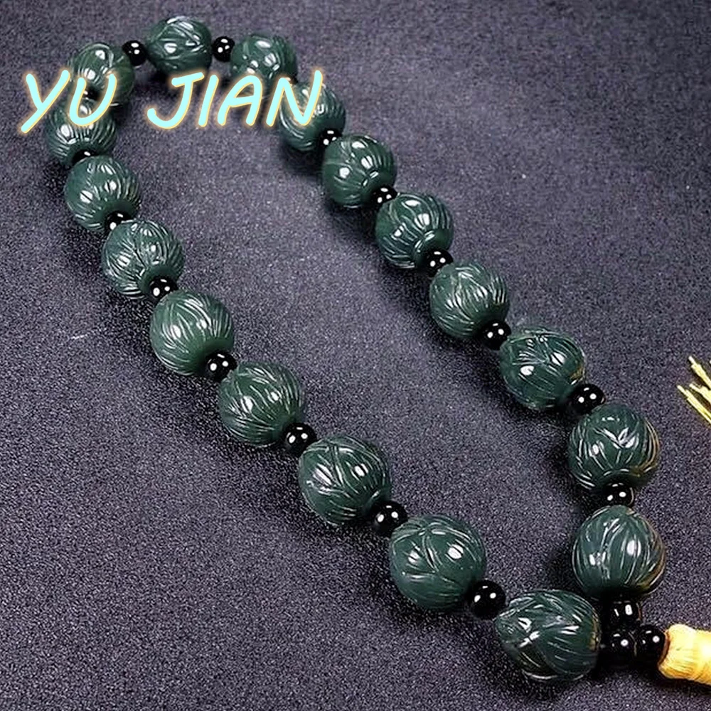 Hetian Jade Green Jadeite Buddha Bead Hand String Bracelet Lotus Rosary Car-Pendant Pendant Simple Decoration Chain Fine Jewelry