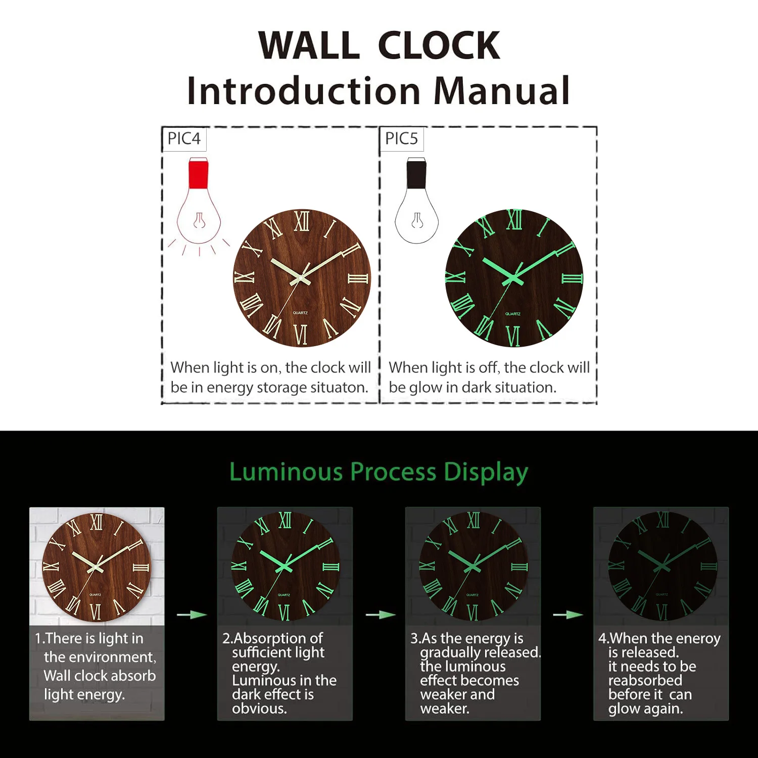 1pc Wooden Glow-in-the-Dark Wall Clock, Brown Retro Wood Grain Roman Numerals Design Wall Clock, Silent Clock, Home Decor view 6