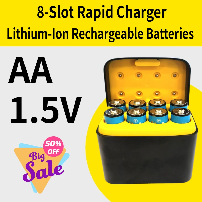 

8-Slot Rapid Charger for AA 3600mWh Lithium-Ion Rechargeable Batteries,1.5V Fast USB Battery Charger Box