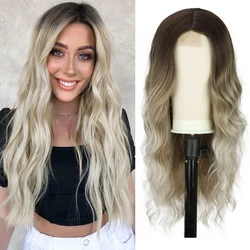 Ombre Blond Wavy Wig for Women Daily Party Long Water Wave Synthetic Hair Wigs 26 Inch Natural Heat Resistant Middle Part Wig