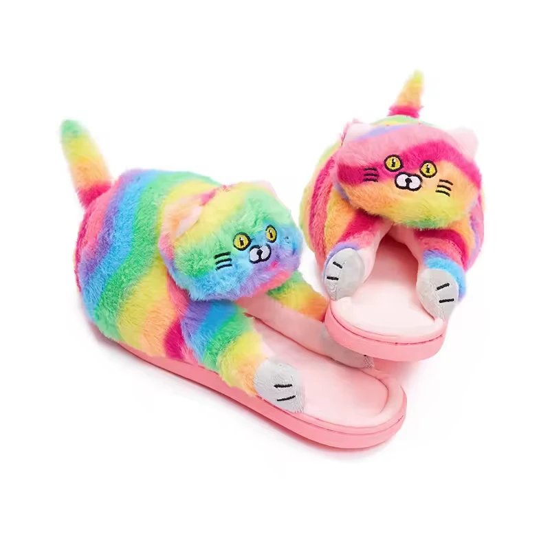 

Kawaii Rainbow Kitty Slipper Woman Fluffy Indoor Slides Shoes Home Kitten Carpet Slippers for Women Winter Warm Room Flip Flops