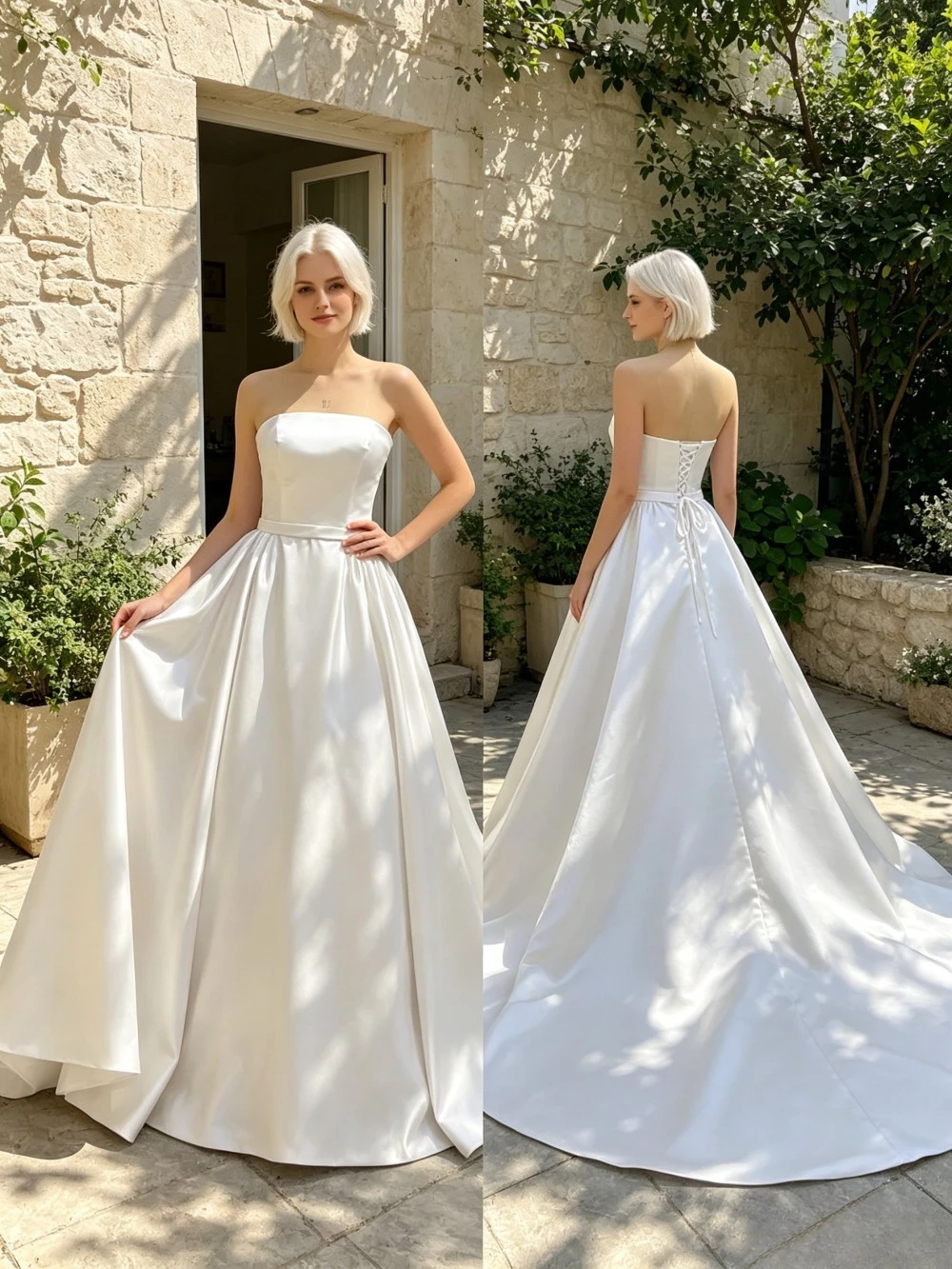 Customized Luxury Strapless Satin White Wedding Dresses 2026 New Backless Pleated Fluffy Bridal Gown Suitable for The Beach