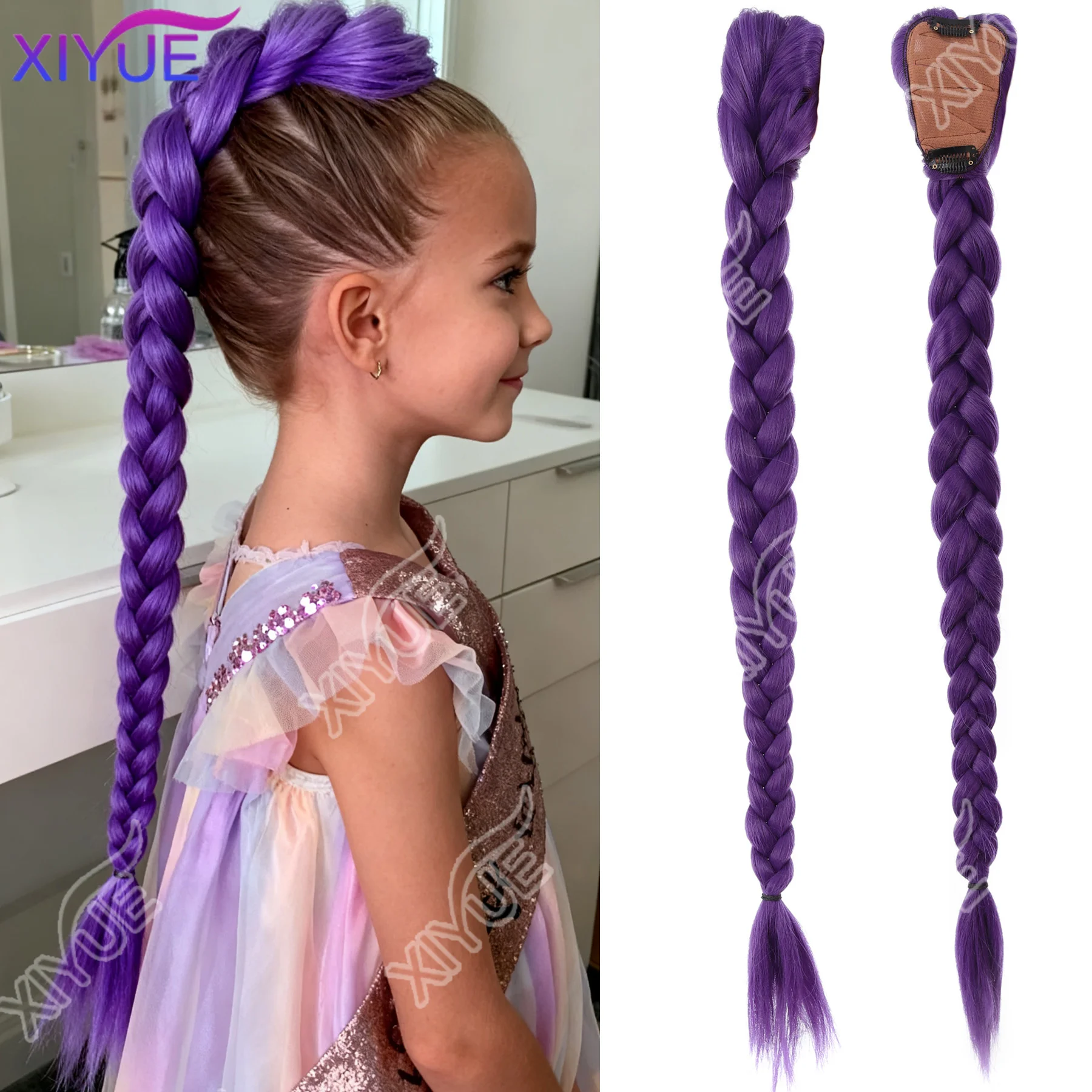 

XY синтетические плетеные фиолетовые волосы, прическа с хвостиком, 26 дюймов, длинный хвост с зажимами для детей, девочек, парик на Хэллоуин, Рождество