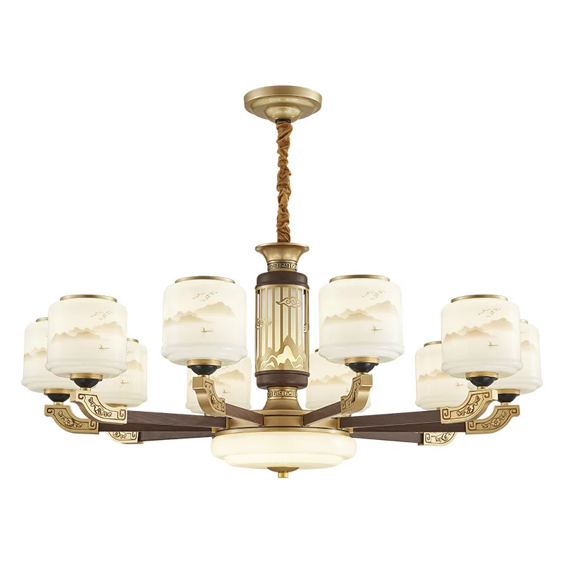 

New Chinese-style all-copper chandelier villa duplex building living room luxury