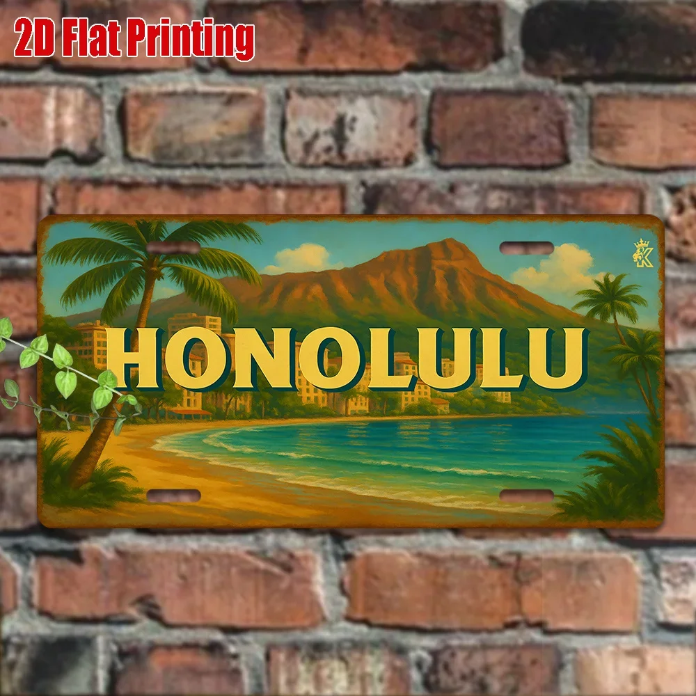 2D Flat, 1pc Hawaiian-Themed Aluminum Wall Sign - Vintage Honolulu Hawaii Plaque Suitable for Home & Pacific Island Decor, Ha